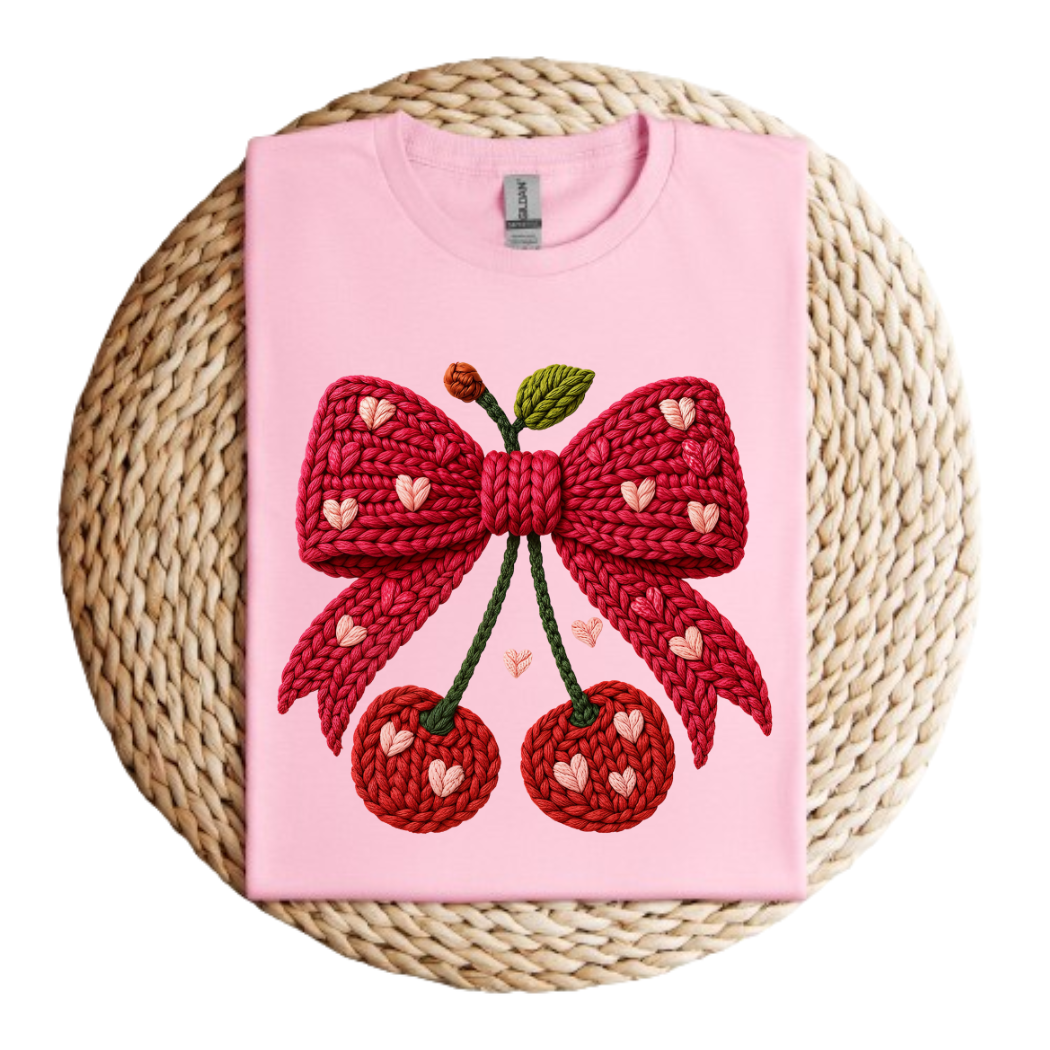 Knitted Cherry Bow Valentines Day Tee